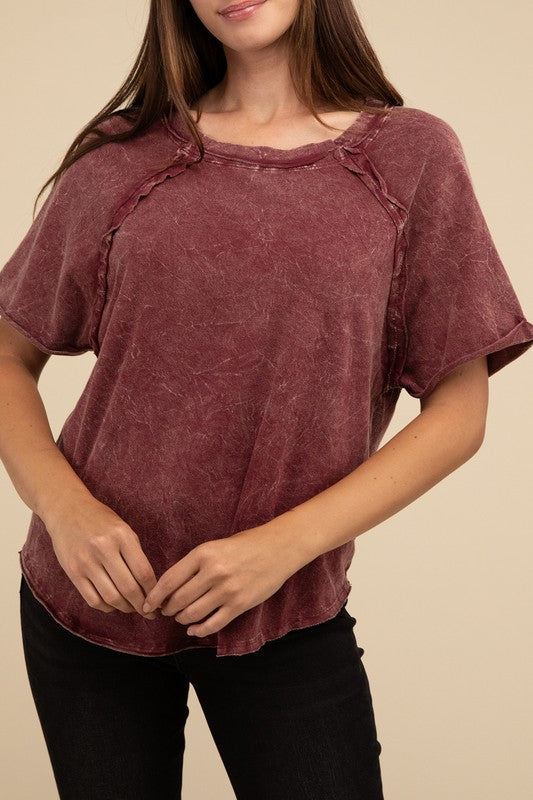 Zenana Mineral Washed Cotton Exposed Seam T-Shirt in 3 Colors