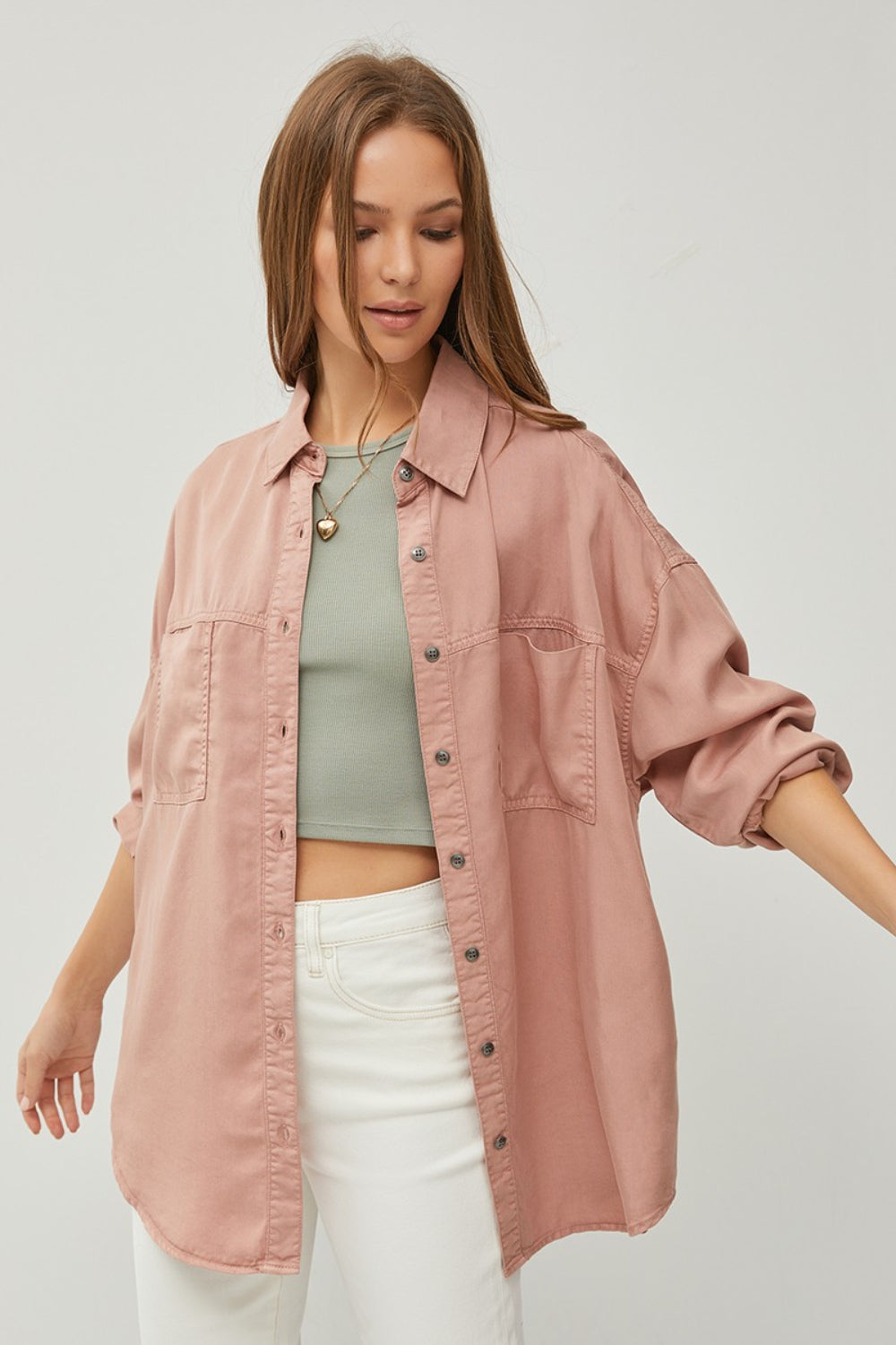 RISEN Button-Down Long Sleeve Denim Shirt in Mauve