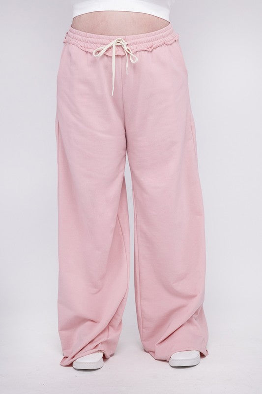 Zenana Plus French Terry Raw Hem Wide Leg Sweatpants in Ash Blue or Dusty Pink