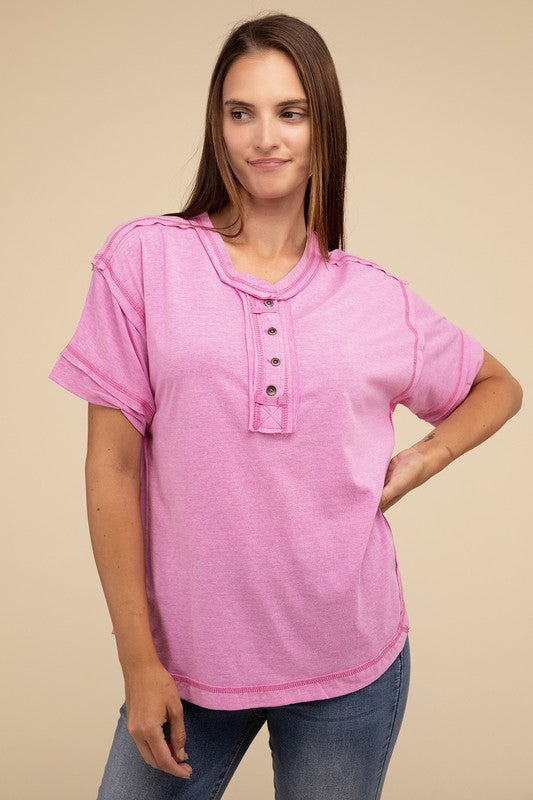 Zenana Cotton Raw Edge Short Sleeve Henley T-Shirt in 4 Colors