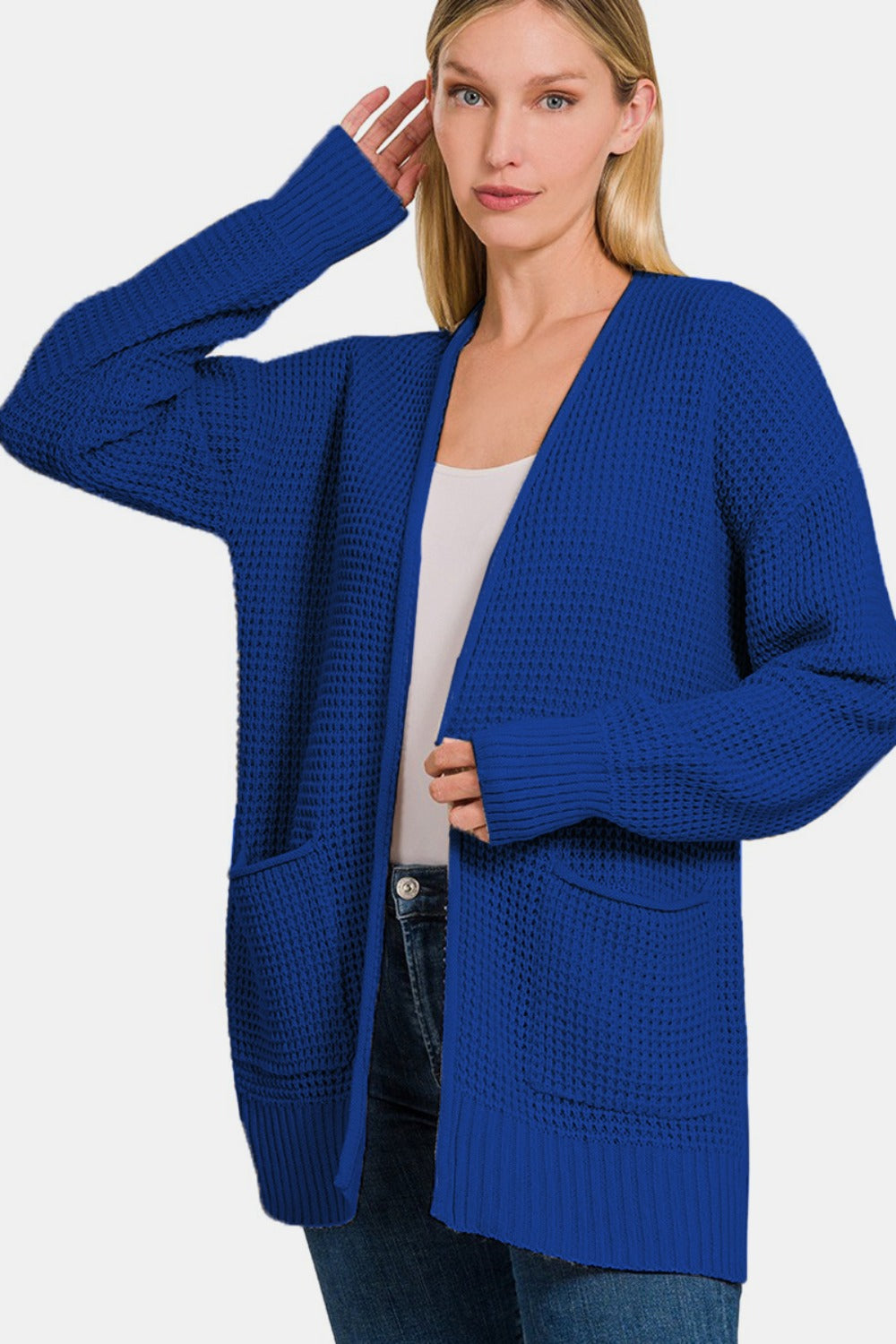 Zenana Waffle-Knit Open Front Tunic Cardigan Sweater with Pockets in Light Navy Blue