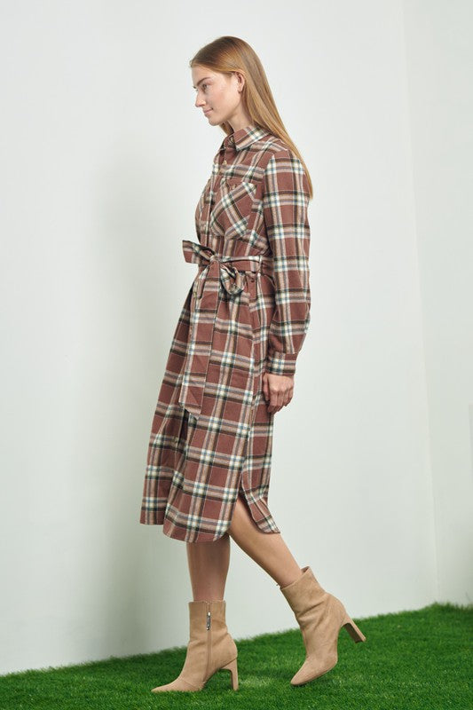 JADE BY JANE PLAID LONG SLEEVE BUTTON FRONT MIDI DRESS