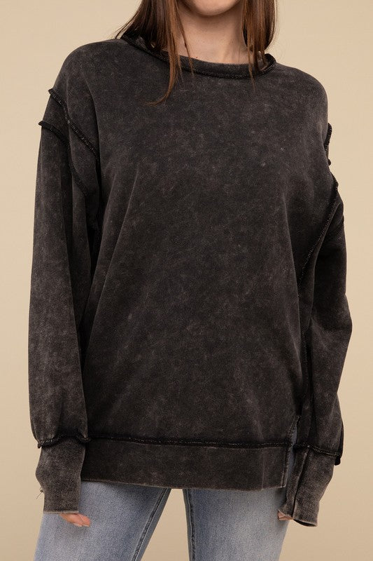 Zenana Acid Wash French Terry Exposed Seam Tunic Sweatshirt in Mocha or Ash Black