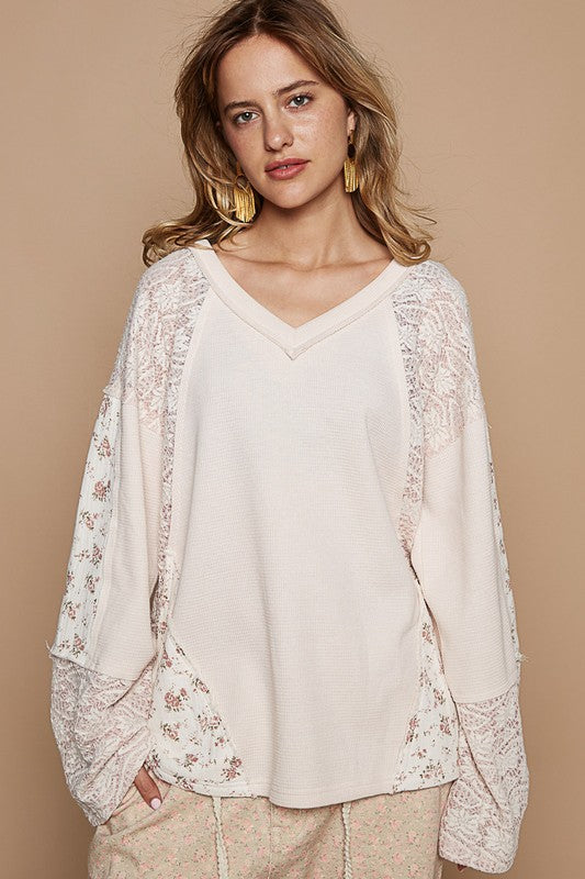 POL Lace Floral Patchwork Bell Sleeve Knit V-Neck Top in Eggshell Multi NWT