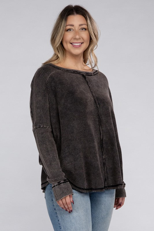 Zenana Plus Color Wash Waffle-Knit Exposed Seam Long Sleeve Boat Neck Top in 2 Colors