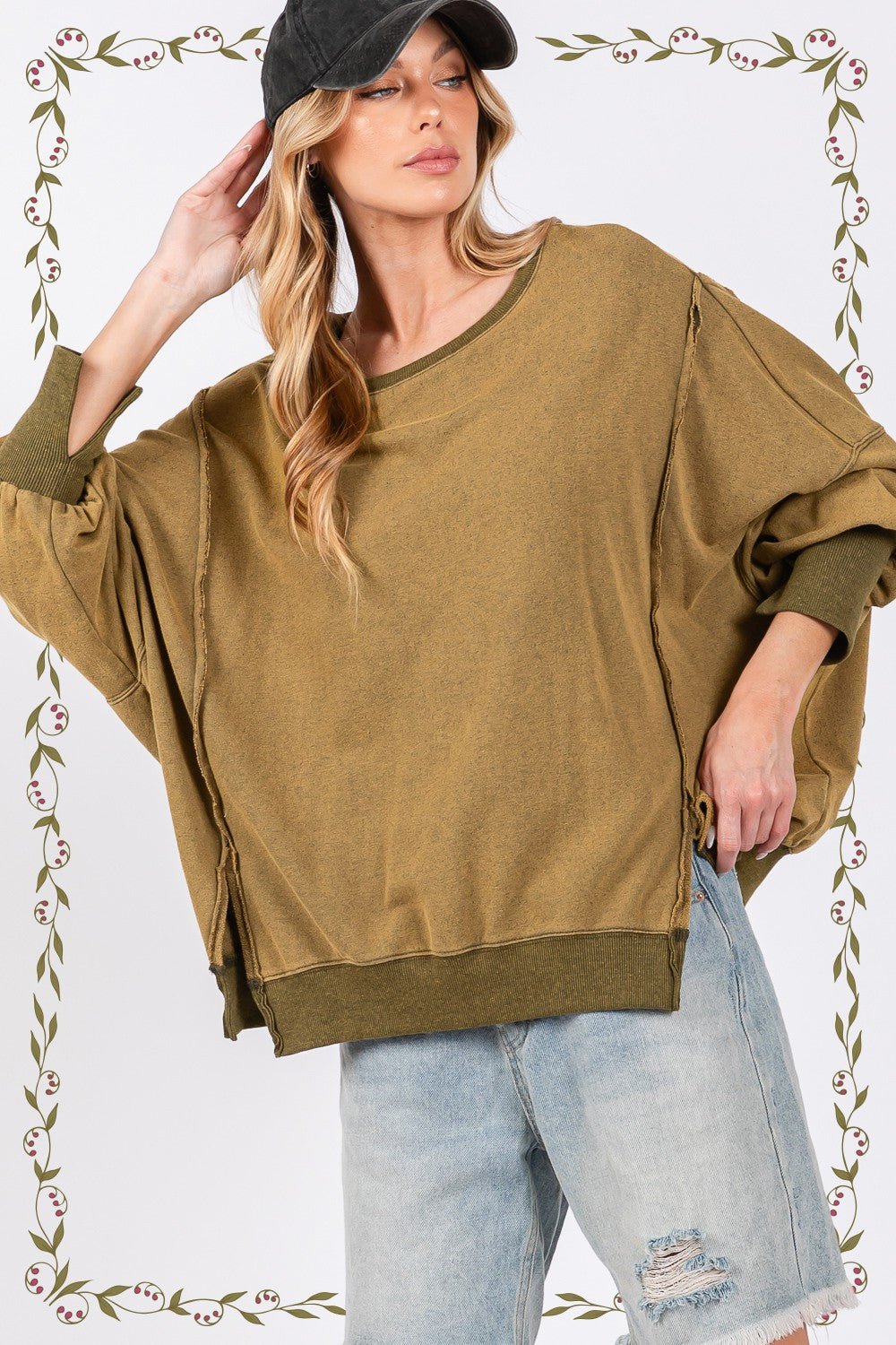 SAGE + FIG Mineral Wash Side Slit Oversized Sweatshirt in Olive