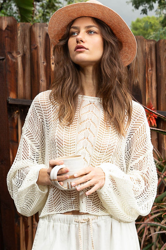 POL Openwork Knit Balloon Sleeve Top