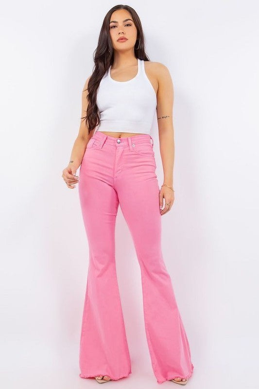 GJG Denim Full Length Raw Hem Bell Bottom Jeans in Cotton Candy Pink NWT