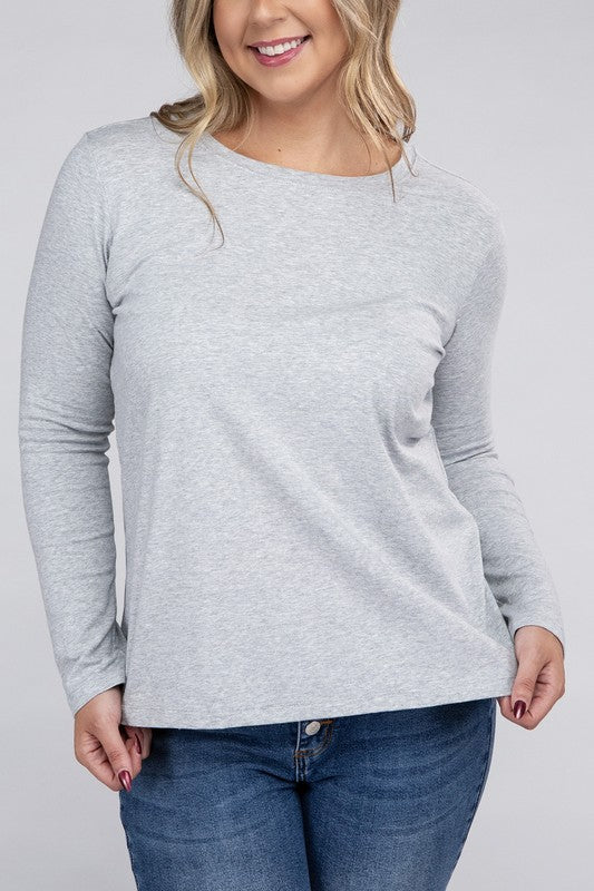 Zenana Plus Cotton Crew Neck Long Sleeve T-Shirt in 3 Colors