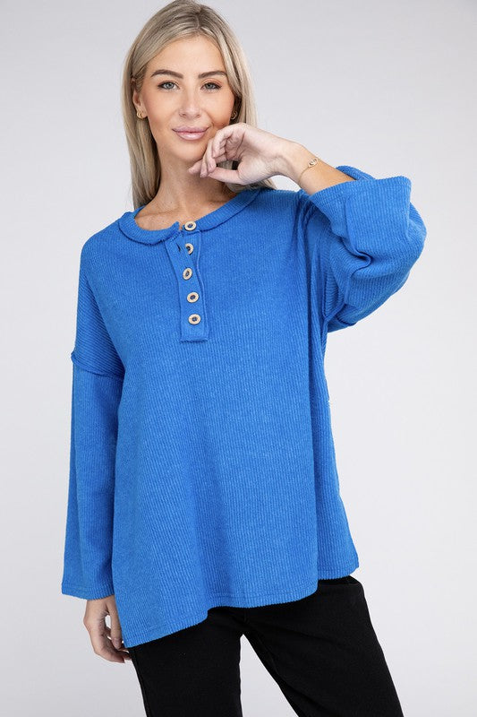 Zenana Slit Hem Bell Sleeve Ribbed Henley Sweater in 5 Colors