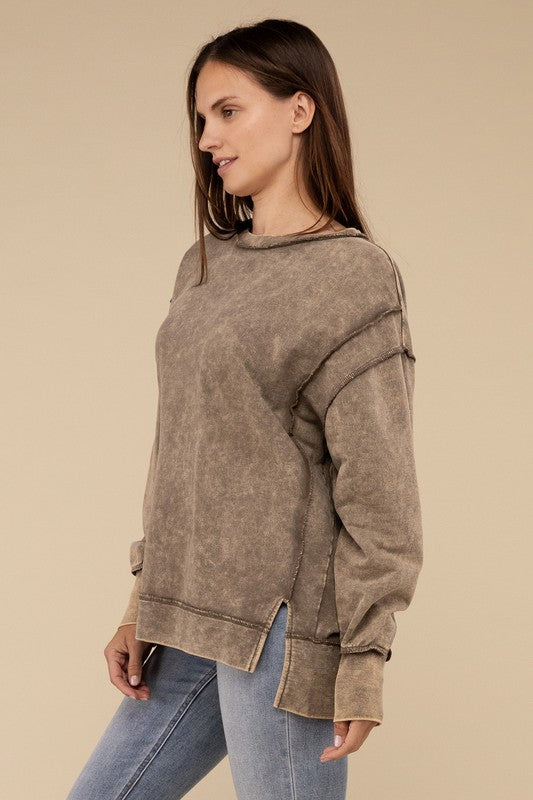 Zenana Acid Wash French Terry Exposed Seam Tunic Sweatshirt in Mocha or Ash Black