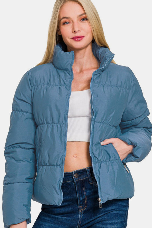 Zenana Stand Collar Zipper Front Quilted Puffer Jacket with Pockets in Dusty Blue NWT