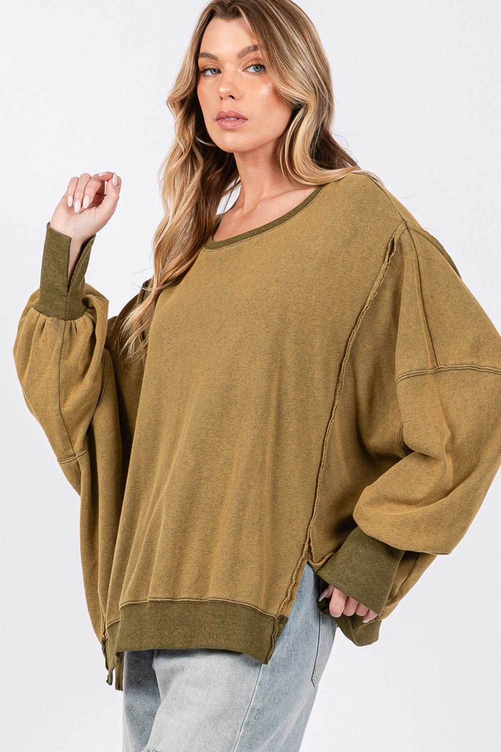 SAGE + FIG Mineral Wash Side Slit Oversized Sweatshirt in Olive