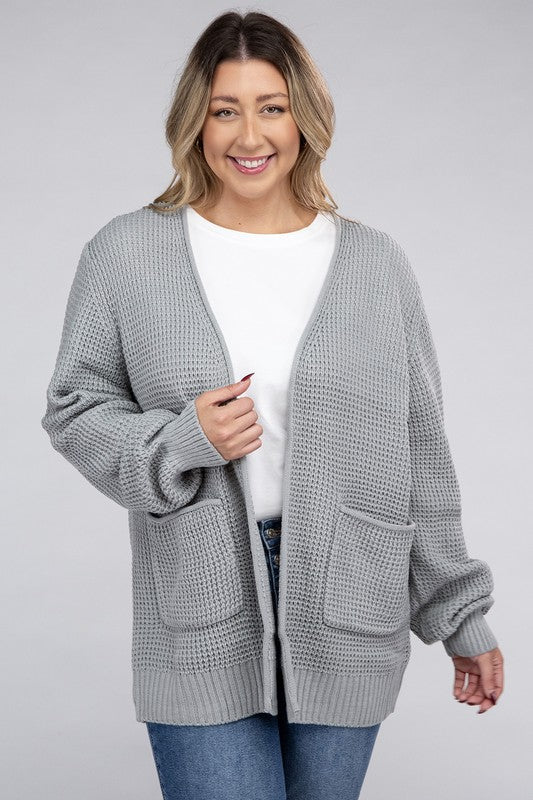 Zenana Plus Waffle-Knit Open Front Tunic Cardigan Sweater with Pockets in 5 Colors