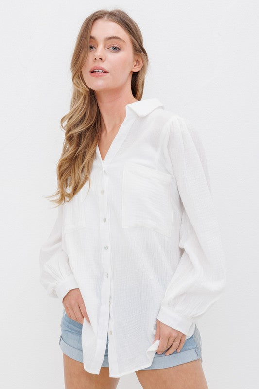 Sweet Generis Cotton Gauze Puff Sleeve Button-Down Shirt in 15 Colors