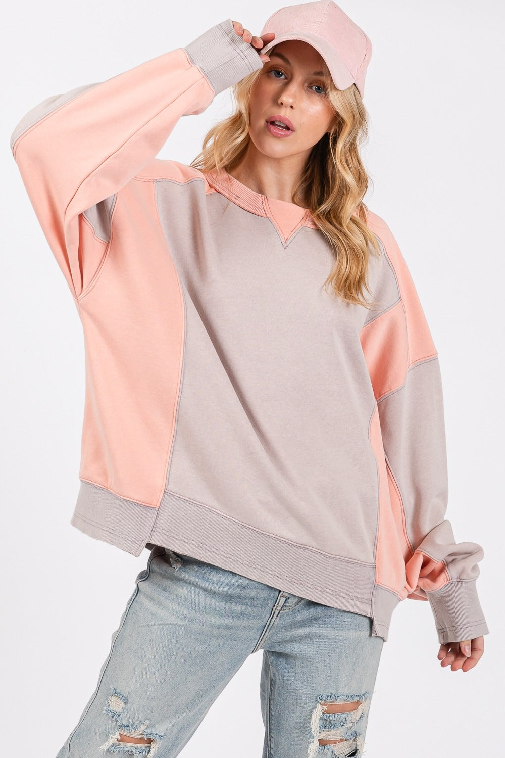 SAGE + FIG Oversized Color Block Round Neck Sweatshirt Top in Gray/Peach