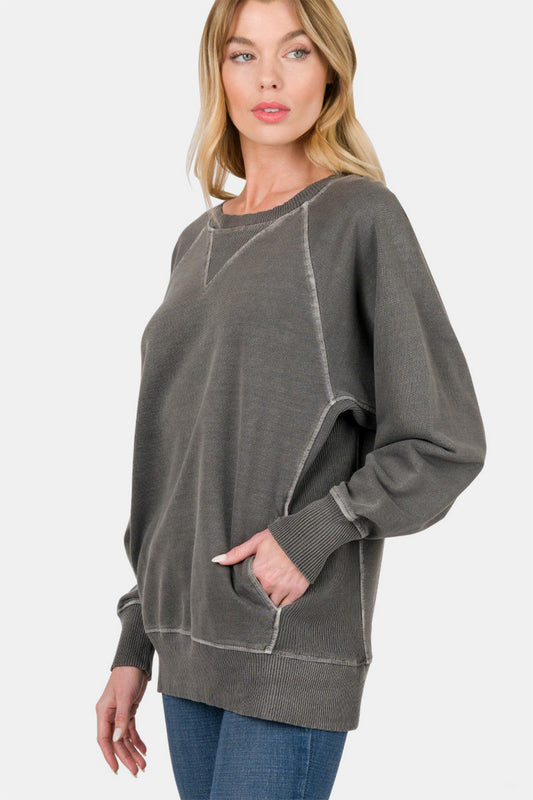 Zenana Cotton Crew Neck Pocket Tunic Sweatshirt in Washed Black