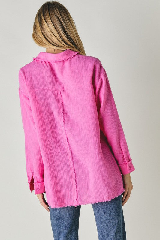 Davi & Dani Cotton Gauze Button Down Long Sleeve Shirt in 2 Colors