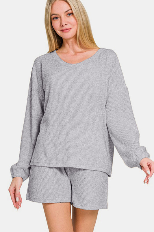 Zenana 2-Piece Set V-Neck Long Sleeve Ribbed Top and Shorts in Heather Gray NWT