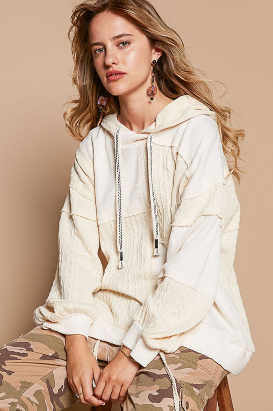 POL Exposed Seam Hooded Knit Top in Cream Mixed Knit Drawstring