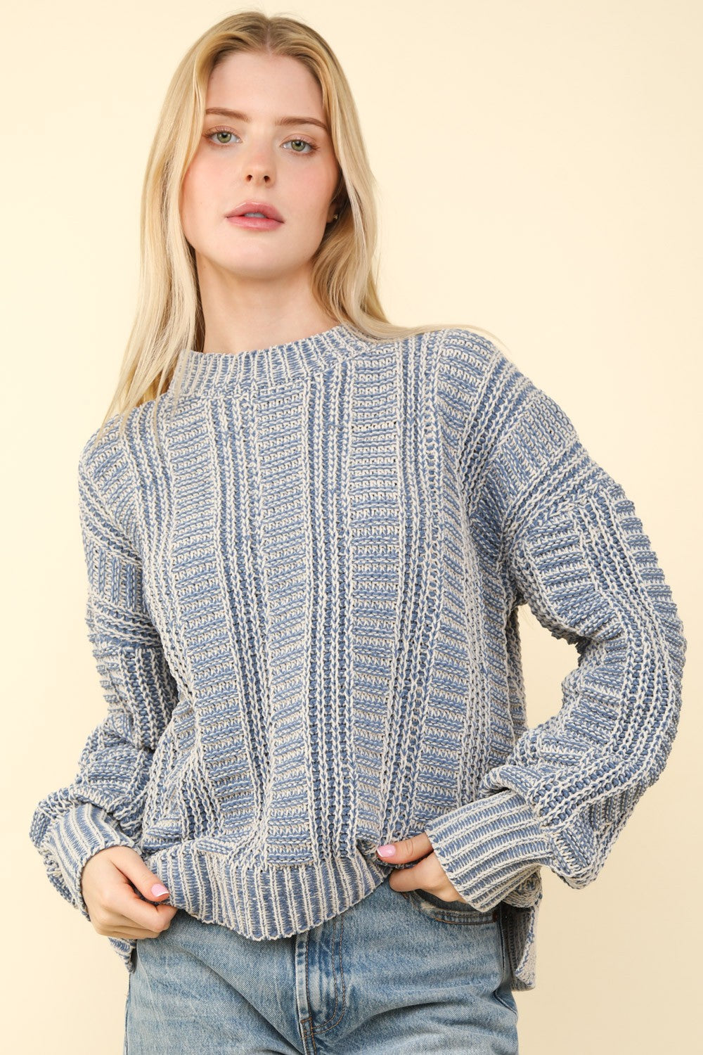 VERY J Two Tone Mock Neck Long Sleeve Sweater in Denim Blue NWT