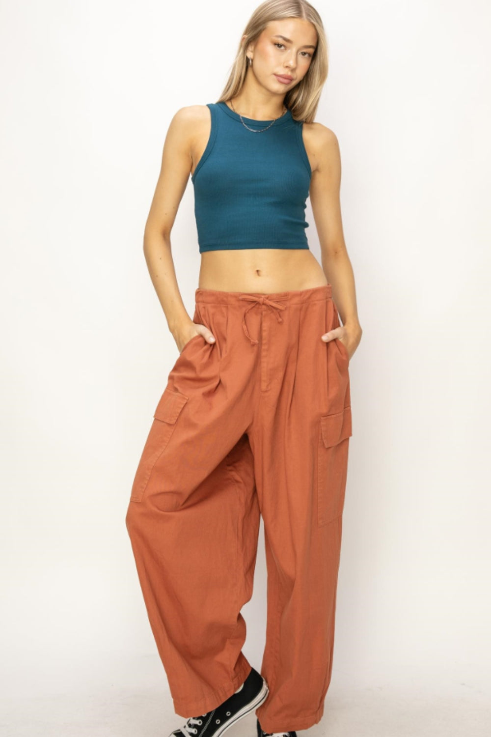 HYFVE Cotton Baggy Cargo Wide Leg Drawstring Pants in Baked Clay