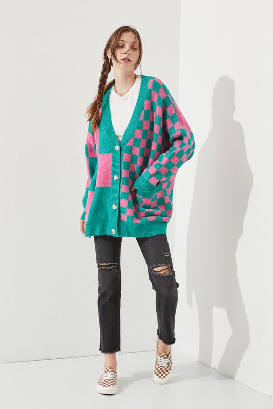 Jade By Jane Plus Size Oversized Checkered V-Neck Tunic Cardigan Sweater