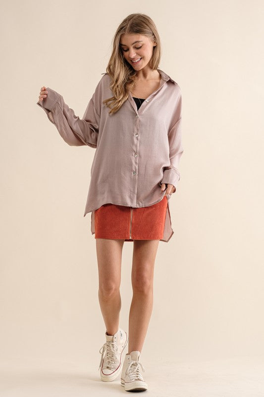 Sweet Generis Satin Long Sleeve Button-Down Top in 6 Colors