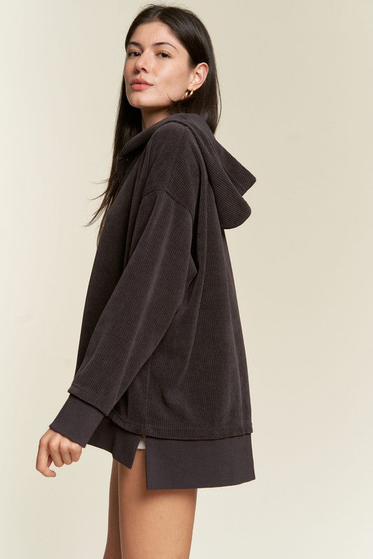 Jade By Jane Chenille Snap Henley Hooded Sweatshirt in 2 Colors