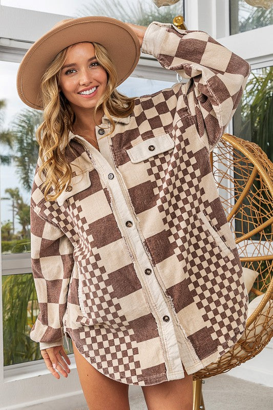 BiBi Checkered Corduroy Button-Down Tunic Shirt Jacket with Pockets in Mocha Multi NWT