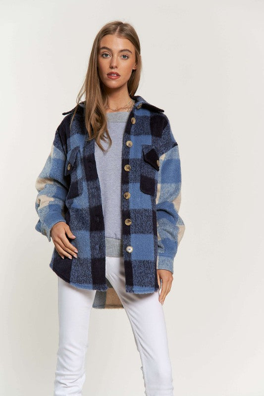 Davi & Dani Contrast Plaid Chest Pocket Button Front Jacket