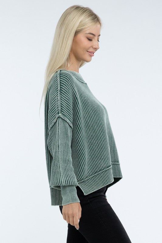 Zenana S/M L/XL Color Washed High-Low Hem Ribbed Cotton Sweater in 4 Colors