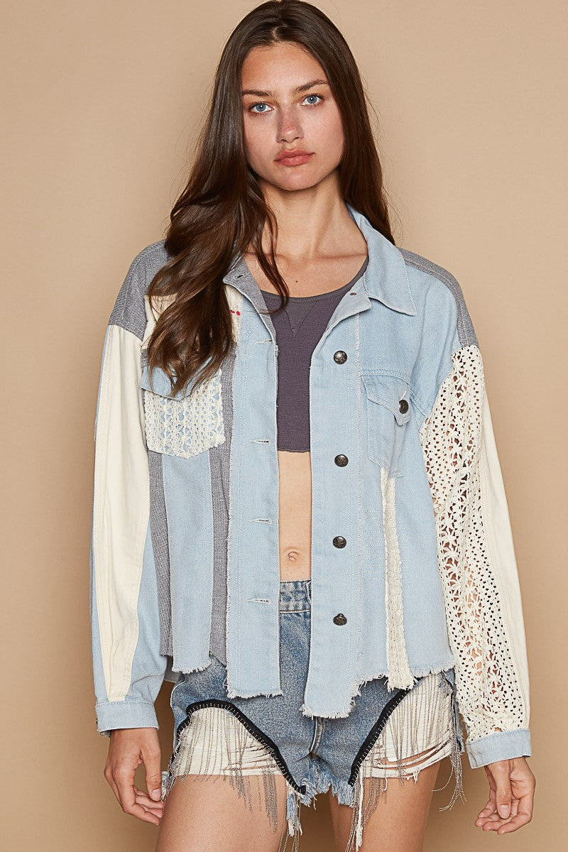 POL Raw Hem Crochet Embroidery Shirt Jacket with Chest Pockets in Denim Multi