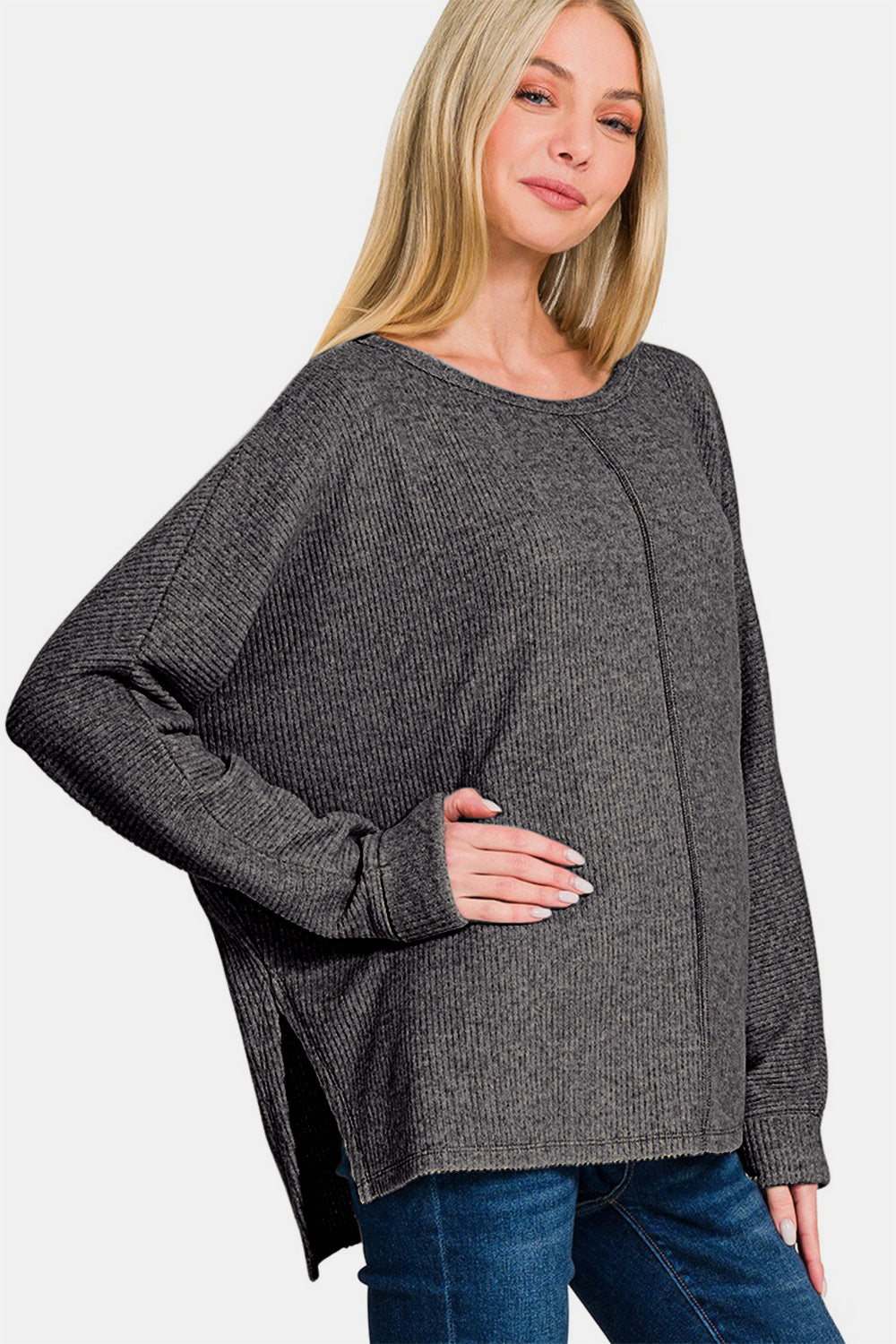 Zenana High-Low Side Slit Long Sleeve Round Neck T-Shirt Top in Black NWT