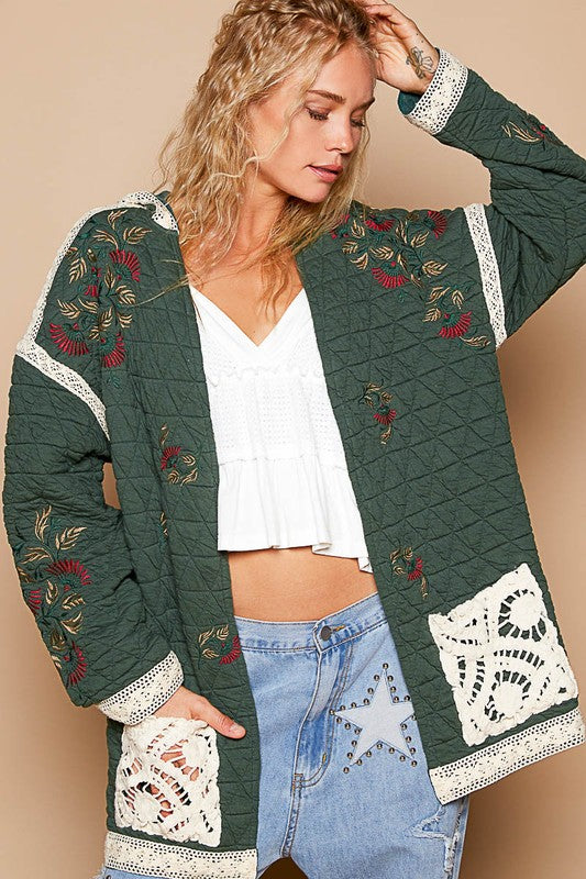 POL Embroidered Hooded Open Front Quilted Jacket with Crochet Pockets in Dark Green Multi NWT