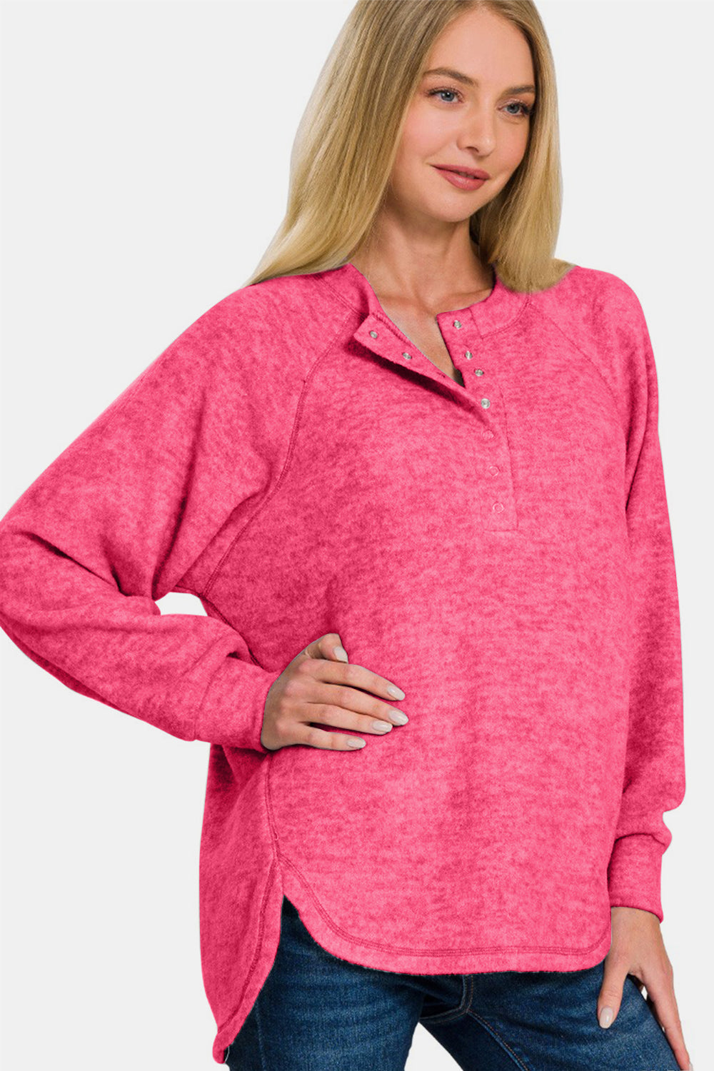 Zenana Brushed Melange Curved Hem Henley Sweater in Fuchsia Pink NWT