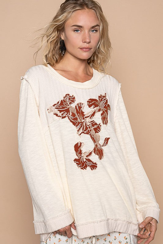 POL Embroidered Long Sleeve Round Neck Knit Top in Cream Multi NWT