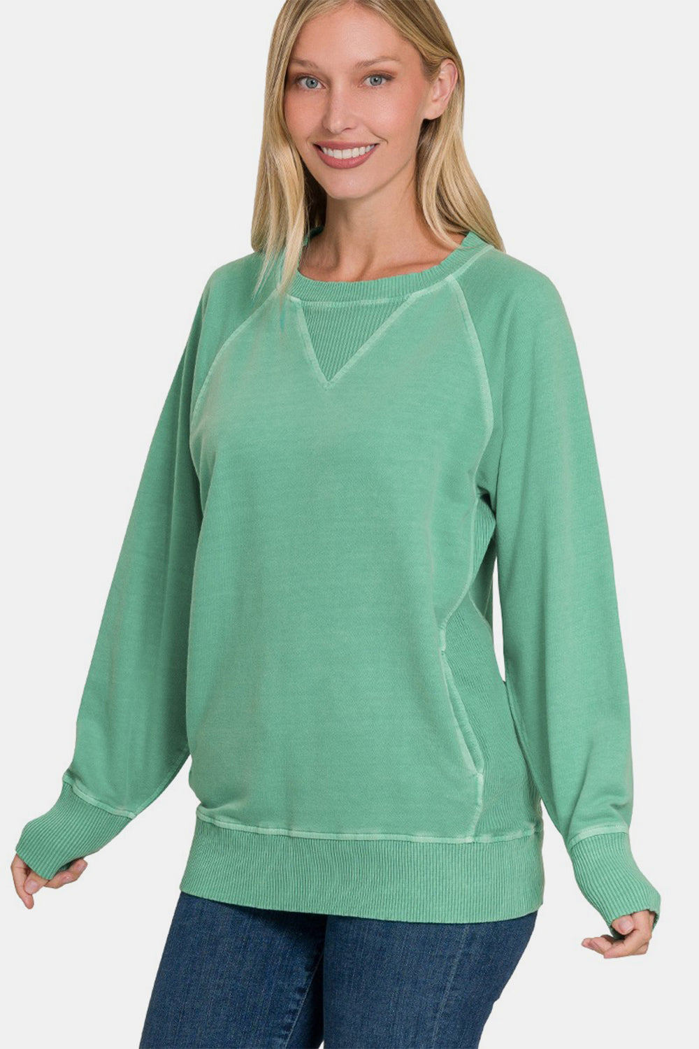 Zenana Pocketed Crew Neck Sweatshirt in Sea Green