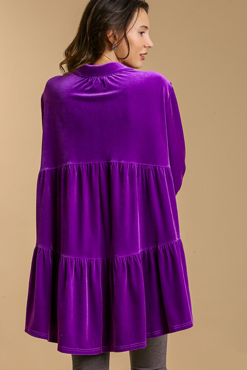 Umgee Full Size Tiered Velvet High Low Hem Tunic Button-Down Shirt in Violet Purple NWT