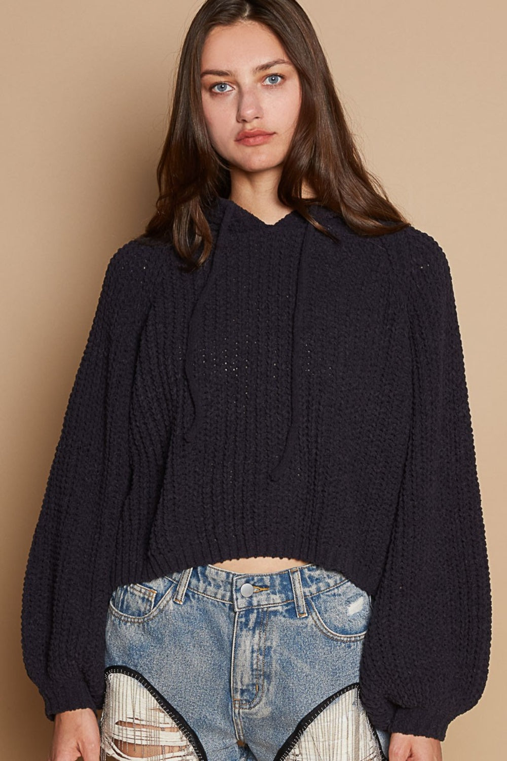 POL Hooded Open Back Slit Balloon Sleeve Cropped Sweater in Indigo NWT