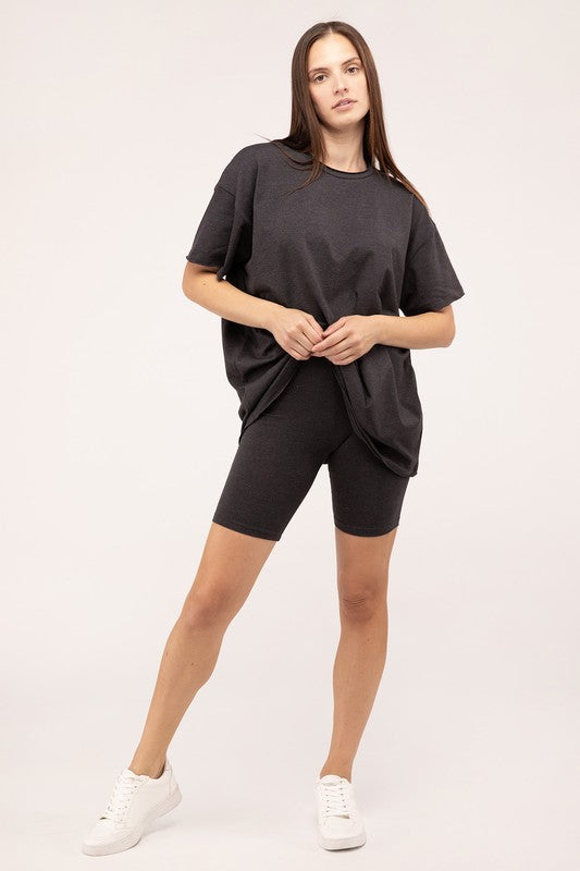 Zenana Cotton Short Sleeve Tee & Biker Shorts Set