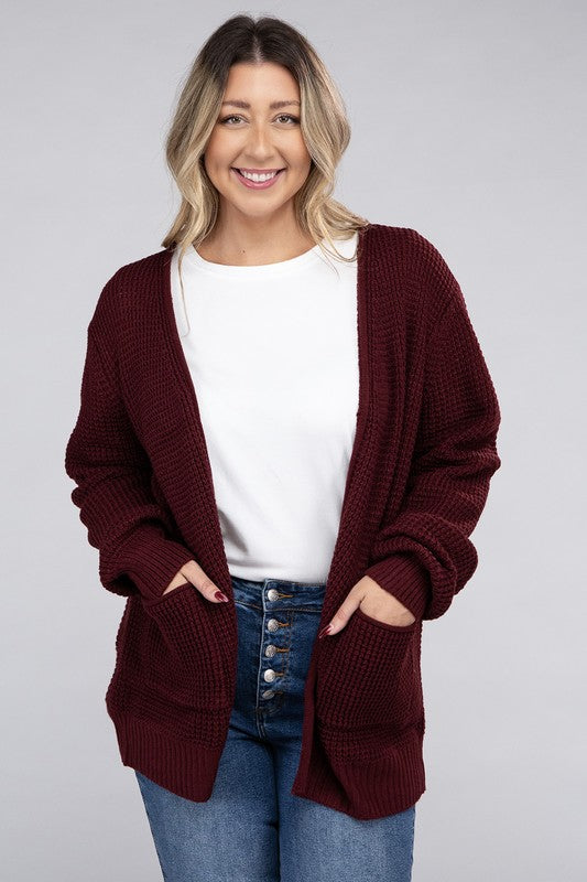 Zenana Plus Waffle-Knit Open Front Tunic Cardigan Sweater with Pockets in 5 Colors