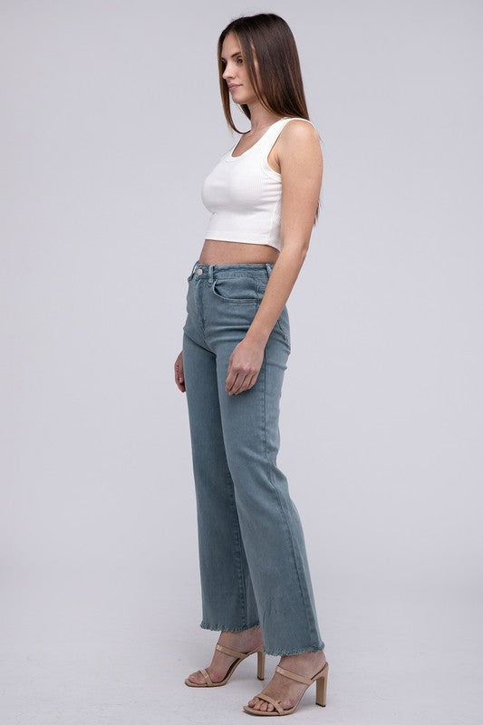 Zenana Color Washed Cotton Raw Hem Wide Leg Jeans in 6 Colors