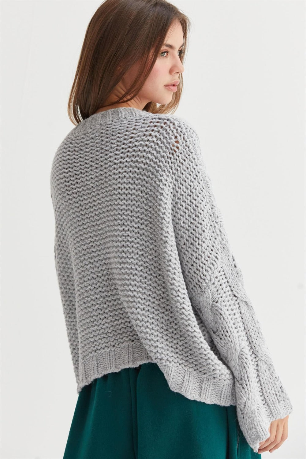 HYFVE Oversized Cable Knit Bell Sleeve V-Neck Sweater in Light Gray