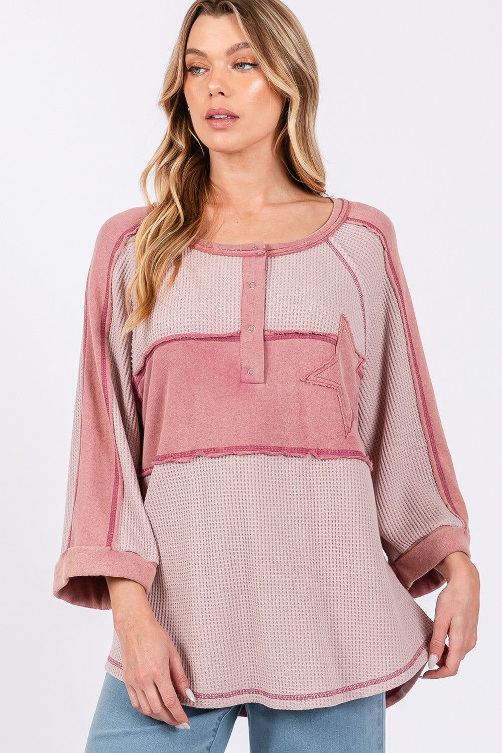 SAGE + FIG Color Block Waffle Knit Star Patch Henley Top in Mauve Pink NWT