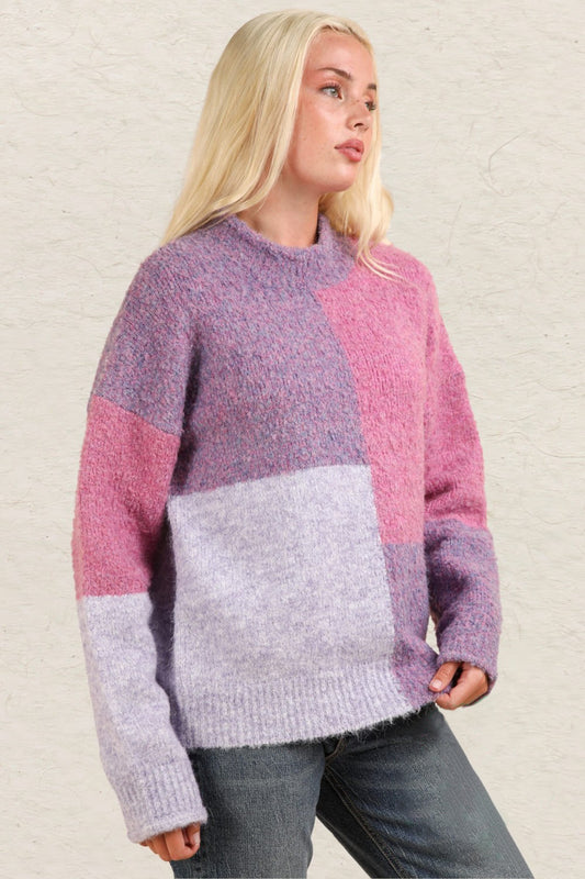 VERY J Mock Neck Color Block Drop Shoulder Sweater in Purple Multi NWT