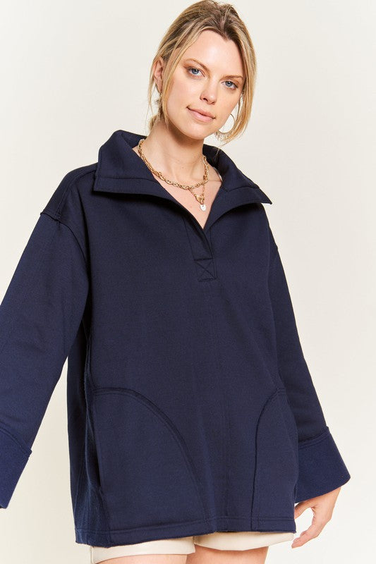 Jade By Jane High Collar Oversized Knit Top in Navy