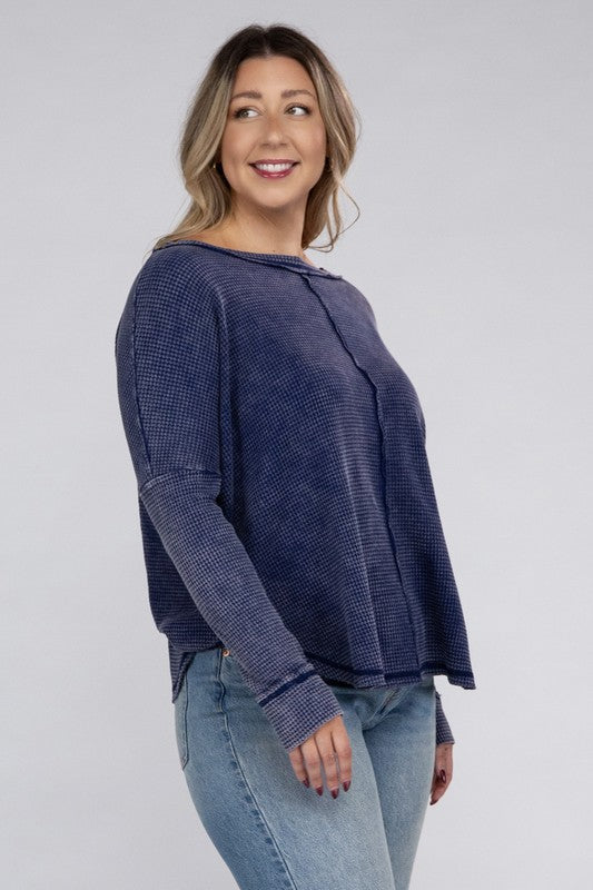 Zenana Plus Color Wash Waffle-Knit Exposed Seam Long Sleeve Boat Neck Top in 2 Colors