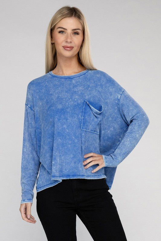 Zenana Color Washed Chest Pocket Long Sleeve T-Shirt in 3 Colors