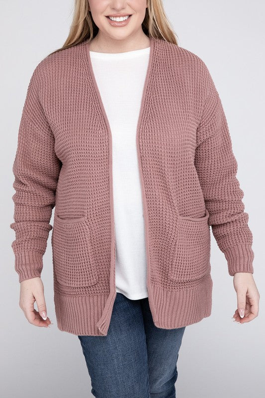 Zenana Plus Waffle-Knit Open Front Tunic Cardigan Sweater with Pockets in 4 Colors